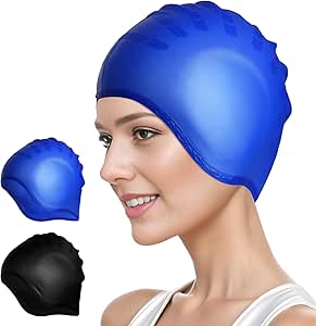 2 Pack Silicone Swim Cap with 3D Ear Protection, Waterproof Swimming Cap Bathing Cap Non-Slip Swim Hats for Men Women Adults Youths Kids for Long or Short Hair