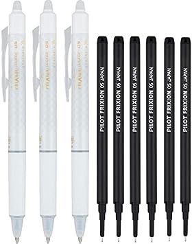 Pilot Frixion Erasable Pens 0.5 Ball Clicker Gel Ink Retractable Pen - Extra Fine Point - White Barrel - Black Ink - Pack Of 3 Pens And 2 Refills