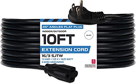 10 Ft Extension Cord with 45° Angled Flat Plug - 16/3 SJTW Low Profile Durable Black Indoor Cable