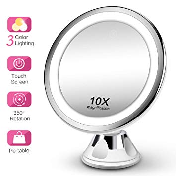 Makeup Mirror 10X Magnifying Vanity Mirror - 3 Color Modes & 36 LED Cosmetic Mirror, High Definition, Touch Control, 360°Rotation & Powerful Suction Cup for Bathroom Shower Travel