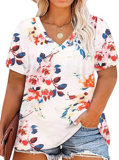 DOLNINE Plus-Size Tops for Women Short Sleeve Color Block Casual T-Shirts Tunics