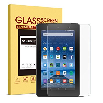 Fire 7 Screen Protector, SPARIN [Tempered Glass] Screen Protector for Fire Tablet 7 (2015 Released) [Bubble-Free] [Anti-scratches] [9H Hardness], Lifetime Warranty