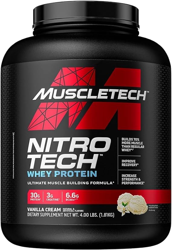 Whey Protein Powder, MuscleTech Nitro-Tech Whey Protein Isolate   Peptides, Lean Protein Powder with Creatine, Sports Nutrition Protein Powder for Men & Women, Vanilla, 1.81kg (40 Servings)