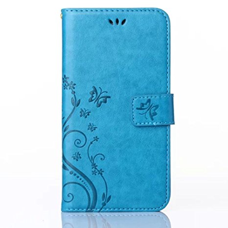 HAOTP(TM) Beauty Luxury Butterfly Fashion Floral Blue PU Flip Stand Credit Card ID Holders Wallet Leather Case Cover for iPhone 6 Plus / 6S Plus 5.5" (Blue)