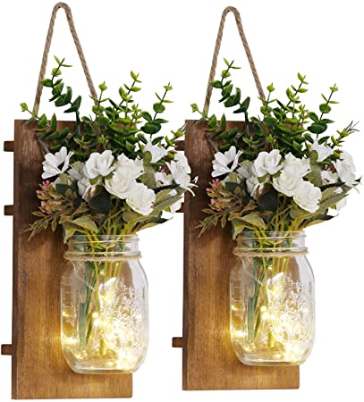 VECELO Decorative Wall Jars Mason Jar Sconces, Rose Flower Wall Sconce with 6-Hour Timer Led Fairy String Lights for Home Kitchen/Bedroom/Venue/Farmhouse (Set of 2)