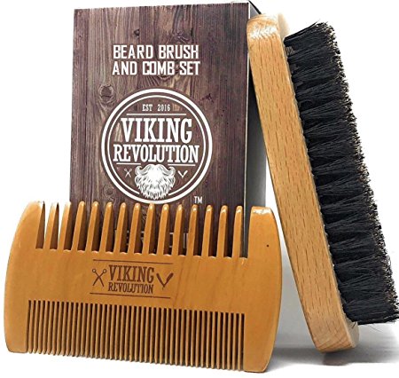 BEST DEAL Beard Brush and Comb Set for Men - Natural Boar Bristle Brush and Dual Action Pear Wood Comb w/ Velvet Travel Pouch - Great for Grooming Beards and Mustache by Viking Revolution