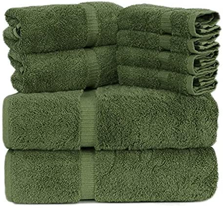 Towel Bazaar Luxury Hotel and Spa Quality Dobby Border 100% Turkish Cotton Eco-Friendly and Highly Absorbent Towel Set (Set of 8, Moss Green)