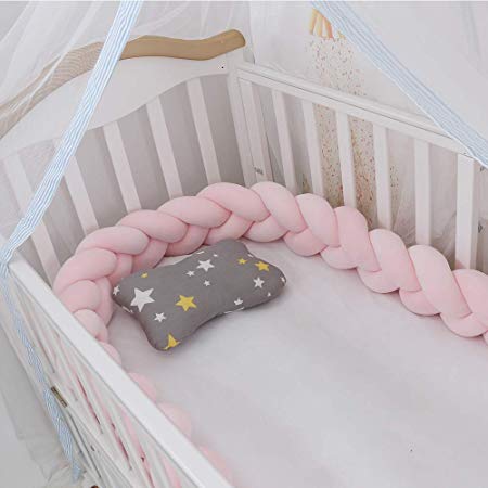 Lion Paw Crib Bed Bumper Pillow Cushion 78.7in Crib Sides Protector Infant Cot Rails Newborn Gift Knotted Braided Plush Nursery Cradle Decor (Pink 78.7in)