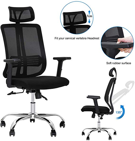 DOSLEEPS Office chair, Adjustable Headrest/Armrest/Height,Ergonomically Mesh High backrest Home office chair, With Tilt Mechanism,360 Degree Swivel, Max Weight Capacity 150kg, Black