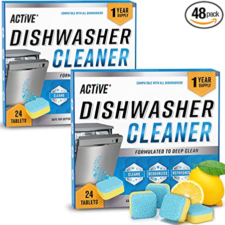 Dishwasher Cleaner Deodorizer Tablets 48 Pack - Value Size Deep Cleaning Descaler Pods Dish Washer Machine Clean, Heavy Duty & Septic Safe, Natural Limescale Remover, Hard Water, Calcium, Odor, Smell - Double Pack 48 Count