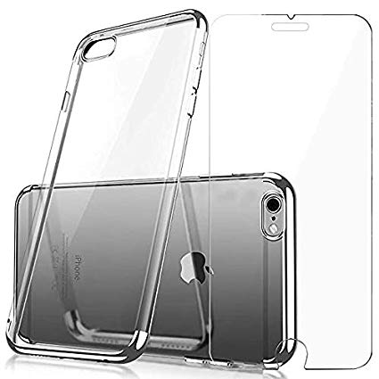 iPhone Case and Screen Protector Set Crystal Clear TPU Cover Case with Soft Shock Absorption Bumper and Tempered Glass Screen Protector for iPhone 6/6s (Silver)