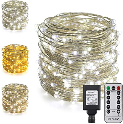 ErChen Dual-Color LED String Lights, 33 FT 100 LEDs Plug in Silvery Copper Wire 8 Modes Dimmable Fairy Lights with Remote Timer for Indoor Outdoor Christmas (White/Warm White)