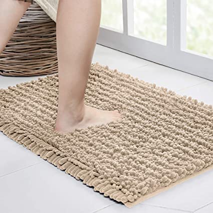 Walensee Bathroom Rug Non Slip Bath Mat (36x24 Inch Beige) Water Absorbent Super Soft Shaggy Chenille Machine Washable Dry Extra Thick Perfect Absorbant Best Large Plush Carpet for Shower Floor