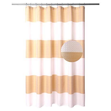 Striped Shower Curtain Waffle Weave – Hotel Luxury, Spa, Heavy Duty Fabric, Water Repellent Washable - White Gold Stripe, 72 x 72 inches Bath Curtains