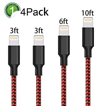 Cable,ONSON Charger Cables 4Pack 3FT 3FT 6FT 10FT to USB Syncing and Charging Cable Data Nylon Braided Cord Charger for iPhone 7/7 Plus/6/6 Plus/6s/6s Plus/5/5s/5c/SE and more-BlackRed …