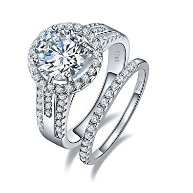 BONLAVIE 3.45ct 925 Sterling Silver Cubic Zirconia Halo Anniversary Wedding Band Engagement Ring Bridal Set