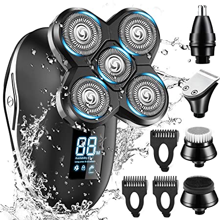 GOOLEEN Electric Shavers for Men Cordless Rechargeable, 5 in 1 Head Shavers for Bald Men Wet&Dry Bald Head Shaver Mens Electric Razor Hair Clippers Nose Beard Trimmer Facial Cleansing Brush Waterproof
