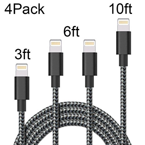 iPhone Cable,Cordking 4Pcks 3FT 6FT 6FT 10FT to USB Lightning Cable Syncing and Charging Cable Data Nylon Braided Cord Charger for iPhone 7/7 Plus/6/6 Plus/6s/6s Plus/5/5s/5c/SE and more (Black&White)