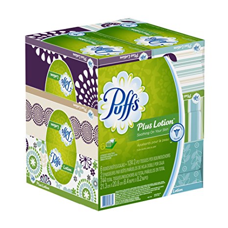 Puffs Plus Lotion Facial Tissues; 6 Family Boxes; 124 Tissues per Box