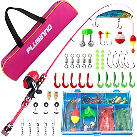 PLUSINNO Kids Fishing Pole with Spincast Reel Telescopic Fishing Rod Combo Full Kits for Boys, Girls, and Adults