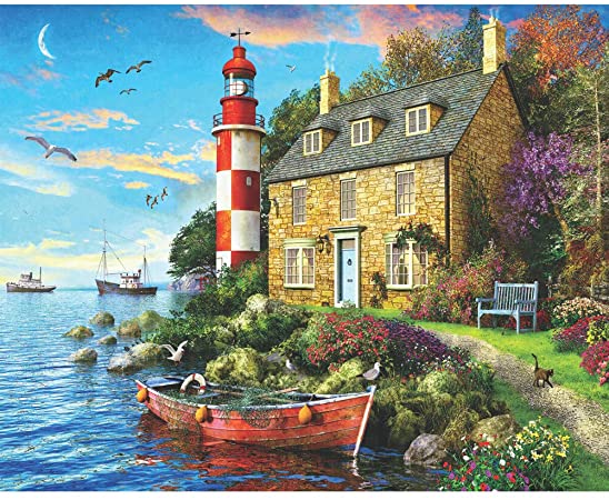 Springbok Puzzles - The Cottage Lighthouse - 1000 Piece Jigsaw Puzzle - Large 30 by 24 inch Puzzle - Made in USA - Unique Cut Interlocking Pieces