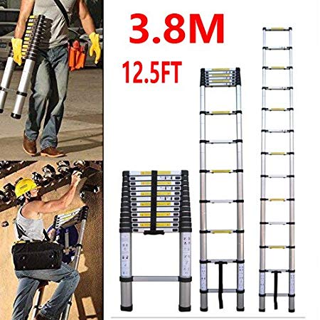 Telescopic Extension Ladder Aluminum Portable Multi-Purpose Fully Extended 3.8M/12.46ft for Outdoor Indoor Builder DIY Jobs Use