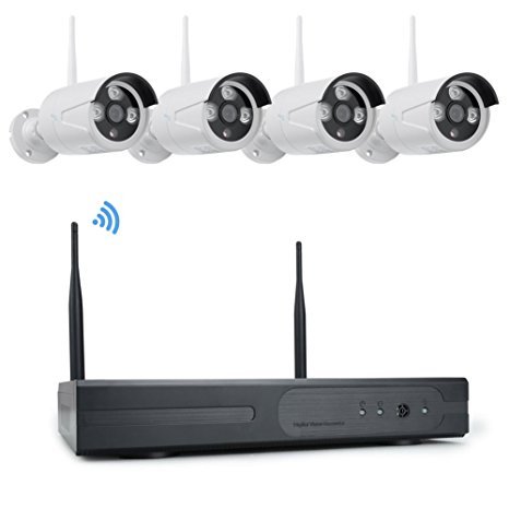IdeaNext 960P HD Wireless IP 4CH P&P Video Security Surveilance System 4PCS 1.3MP High Definition WiFi In/Outdoor IR Night Vision Quick Plug&Play Camera Phone Remote Access NVR Kit QR Code