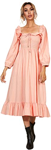 R.Vivimos Women's Linen Fall Long Sleeves Stripes Ruffled Boho Casual A-Line Flowy Midi Dresses