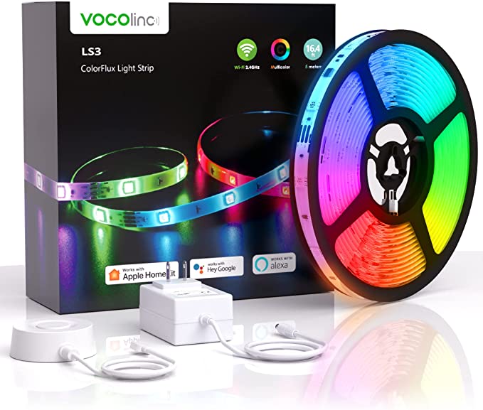VOCOlinc Alexa RGBIC LED Light Strip Works with Apple HomeKit Google Assistant Smart 16.4ft WiFi 5050 RGB Rope Music Sync Color Changing Lights for Bedroom Kitchen TV Room Party (LS3-16.4ft)