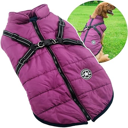 2 in 1 Large Dog Winter Coat Harness, Outdoor Warm Large Dog Jacket, Cold Weather Padded Dog Vest Apparel Clothes for Large Dogs, 3XL