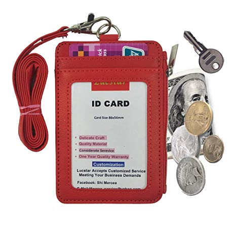 Lucstar ID Badge Holder with Portable Wallet Lanyard Multi Cards 5 Slots for Office, Work, School,Transport Card, Light Cash Case(red)