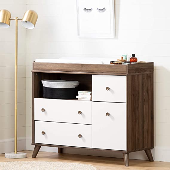 South Shore Furniture 12179 Yodi Changing Table with Drawers-Natural Walnut and Pure White