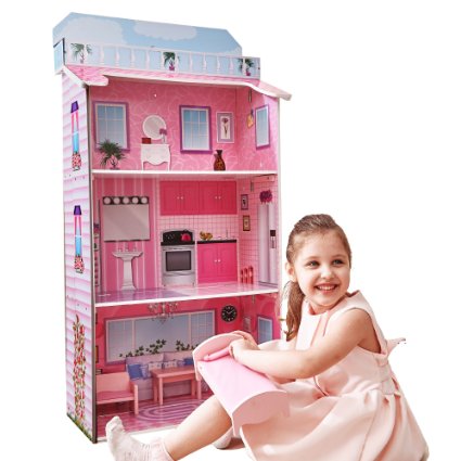 Teamson Kids - Smart Space Saving Design Foldable Wooden Doll House with Accesssories for Barbie and 12 Dolls