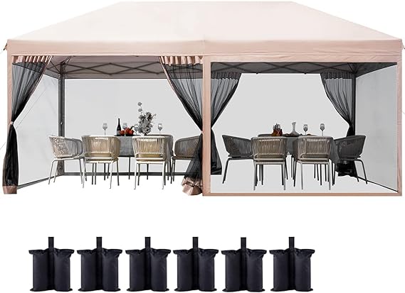 Quictent 10'x20' Pop up Canopy Tent with Netting, Instant Screen House Room Outdoor Party Event Gazebo Screened - Waterproof & 6 Sand Bags Included (Tan)