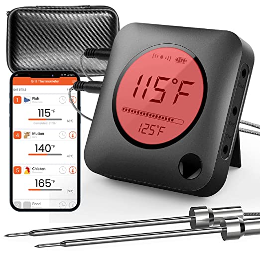 NutriChef Smart Bluetooth BBQ Thermometer - Zip Travel Case Upgraded Stainless Probe w/ LCD Display, Wireless Remote Alert Android iPhone, Gas Charcoal BBQ Smoker Temperature Monitoring - PWIRBBQ299