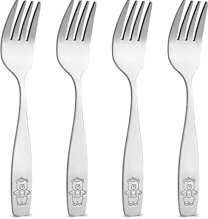 Zulay Kitchen 4-Piece Toddler Silverware Set - Toddler Utensils for Self Feeding - Smooth Edged Kids Silverware Stainless Steel, Mirror Polished, Dishwasher Safe (4 Forks)