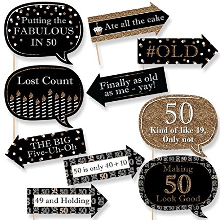 Funny Adult 50th Birthday - Gold - Birthday Party Photo Booth Props Kit - 10 Piece