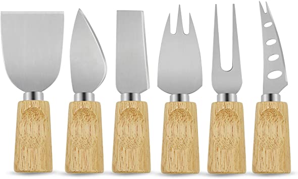 Cheese Knife Set for Charcuterie Board, Set of 6 Pieces Cheese Spreader Cutter Knives Collection for Gift,Stainless Steel Cheese Spreading Knife,Slicer,Shaver,Fork with Bamboo Wood Handle (Type 2)