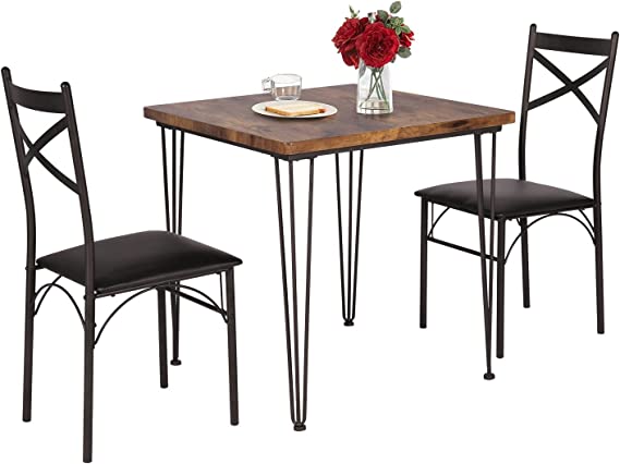 VECELO 3-Piece Table Set, 2 Chairs with Metal Legs for Kitchen, Dining Room, Dinette, Breakfast Nook, Retro Brown