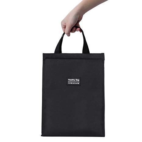 NovoLido Insulated Lunch Bag with Zipper, Reusable Tote Bag, Foldable Container Bag, Picnic Travel Office School Shopping Bag for Men Women Boys Girls Children Students Kids, Lunch Box (Black, Small)