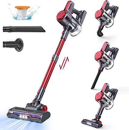 EICOBOT Cordless Vacuum Cleaner, High Efficiency Stick Vacuum with 30min Long Runtime Detachable Battery, 4 in 1 Lightweight Quiet Vacuum Cleaner Perfect for Hardwood Floor Low Pile Carpet Deep Red