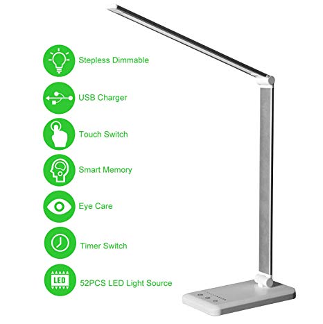 LED Desk Lamp,Eye-Caring Table Lamps,Stepless Dimmable Office Lamp with USB Charging Port,Touch/Memory/Timer Function,25 Brightness Lighting,Foldable Lamp for Reading,Studying,Working,Himigo,White