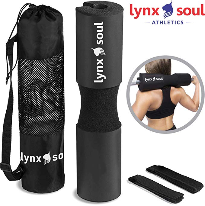 LYNXSOUL Pro-Grade Barbell Squat Pad - Neck & Shoulder Protective Guard Cushion Sponge - Includes Carry On Bag and Safety Straps - Fit Standard and Olympic Bars.