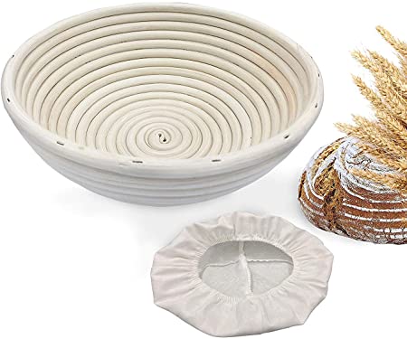 Banneton Bread Proofing Basket Set | Rattan Cane French Style Artisan Sourdough Bread Basket with Liner for Professional & Home Bakers (9" Round)