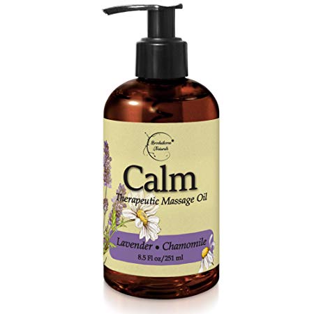 Calm Massage Oil with Lavender & Chamomile Essential Oils to Relax Sore Muscles - For Massage Therapy & Home use – with Coconut, Grapeseed & Jojoba Oils for Smooth Skin– Brookethorne Naturals - 8.5oz