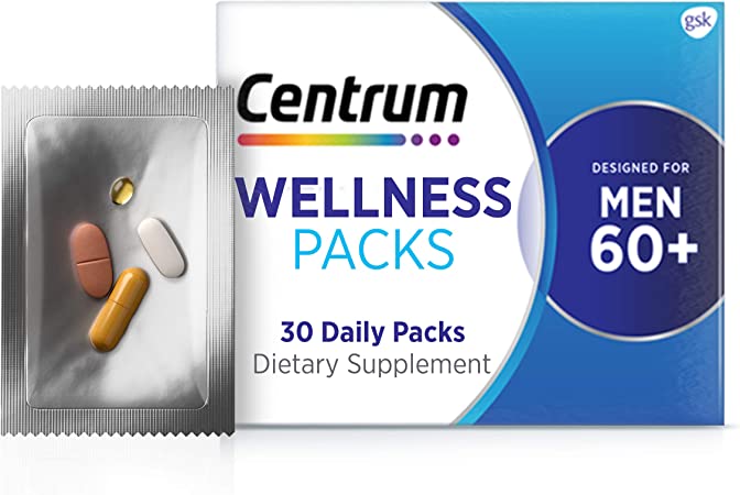 Centrum Wellness Packs Daily Vitamins for Men in Their 60s, Men's Vitamins with Complete Multivitamin, Vitamin D3 25mcg, MSM 1000mg, Turmeric Complex - 30 Packs/1 Month Supply