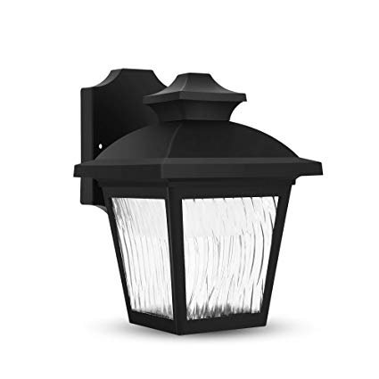 FUDESY Classic LED Outdoor Wall Lantern with Dust to Dawn Sensor, Black Polypropylene Plastic Porch Lamp with Water Ripple Acrylic Lenses, Waterproof Porch Light Fixtures,P736LPS