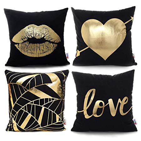 Monkeysell Pack of 4 Black and Gold Throw Pillow Lips Bronzing Flannelette Home Pillowcases Throw Pillow Cover Love Black Gold Lips Pattern Design Rock Punk Neoclassical Style 18 inches (Black)