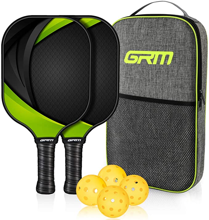 GRM Pickleball Paddles Set of 2, Graphite Pickleball Rackets Set Lightweight Honeycomb Composite Core and Carbon Fiber Surface with 4 Balls Portable Paddle Bag