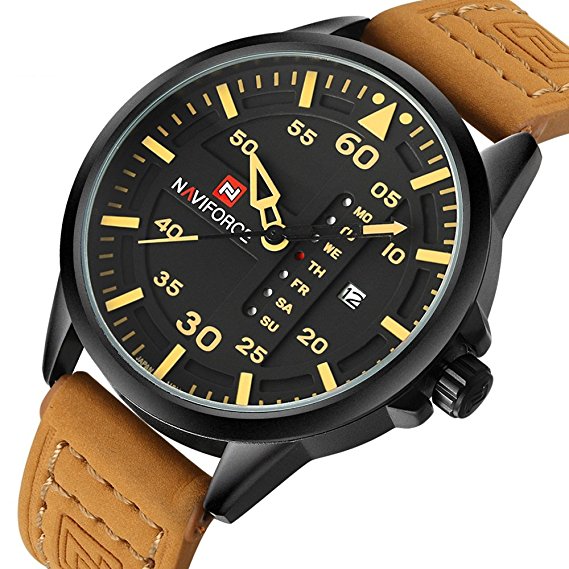 Renwangda Men's Quartz Watches Auto Date Clock Leather Strap Army Military Sports Wrist Watch